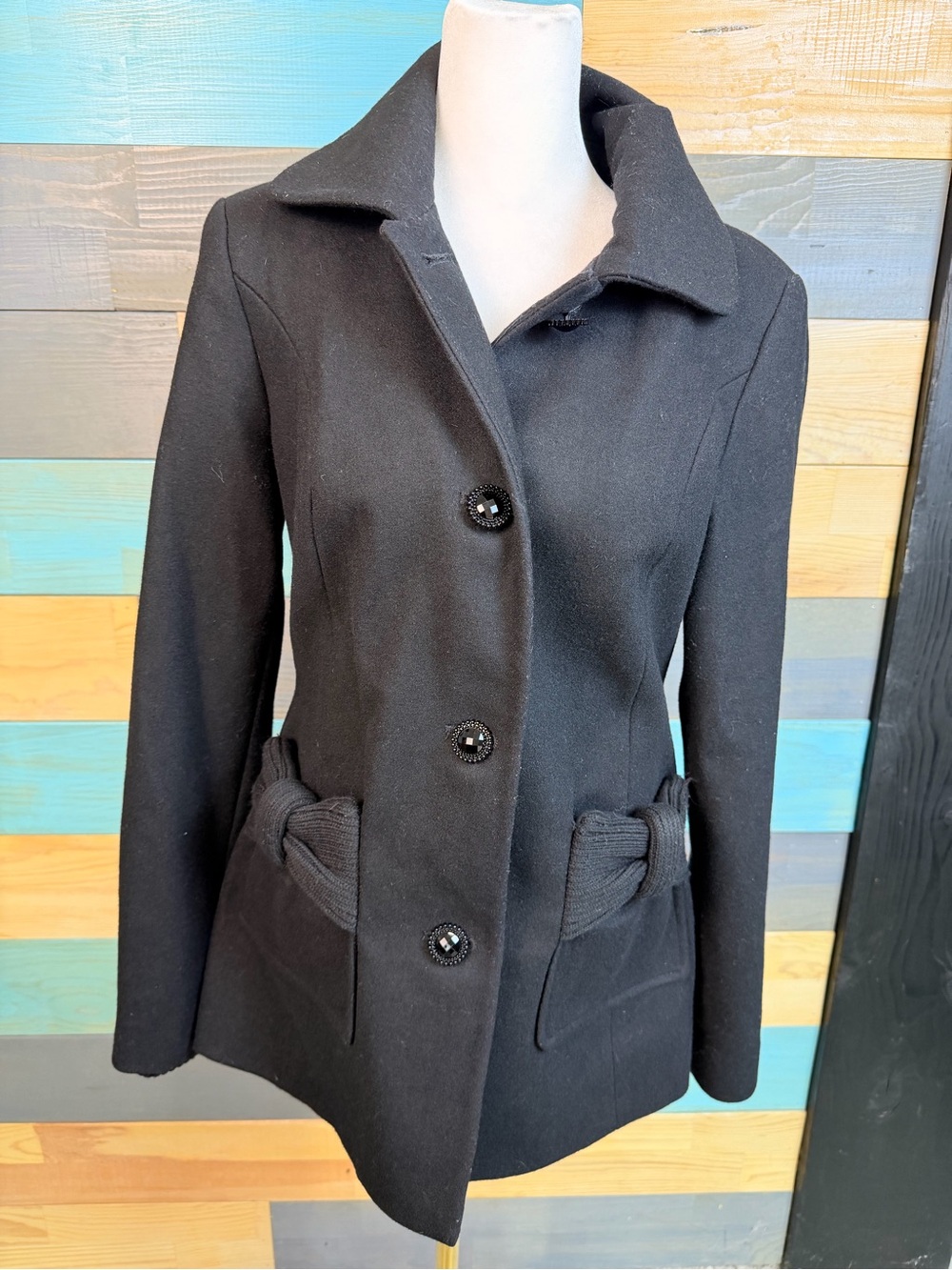 Betsey Johnson Black Wool Blend Pea Coat Decorative Buttons Bow Shaped Pockets